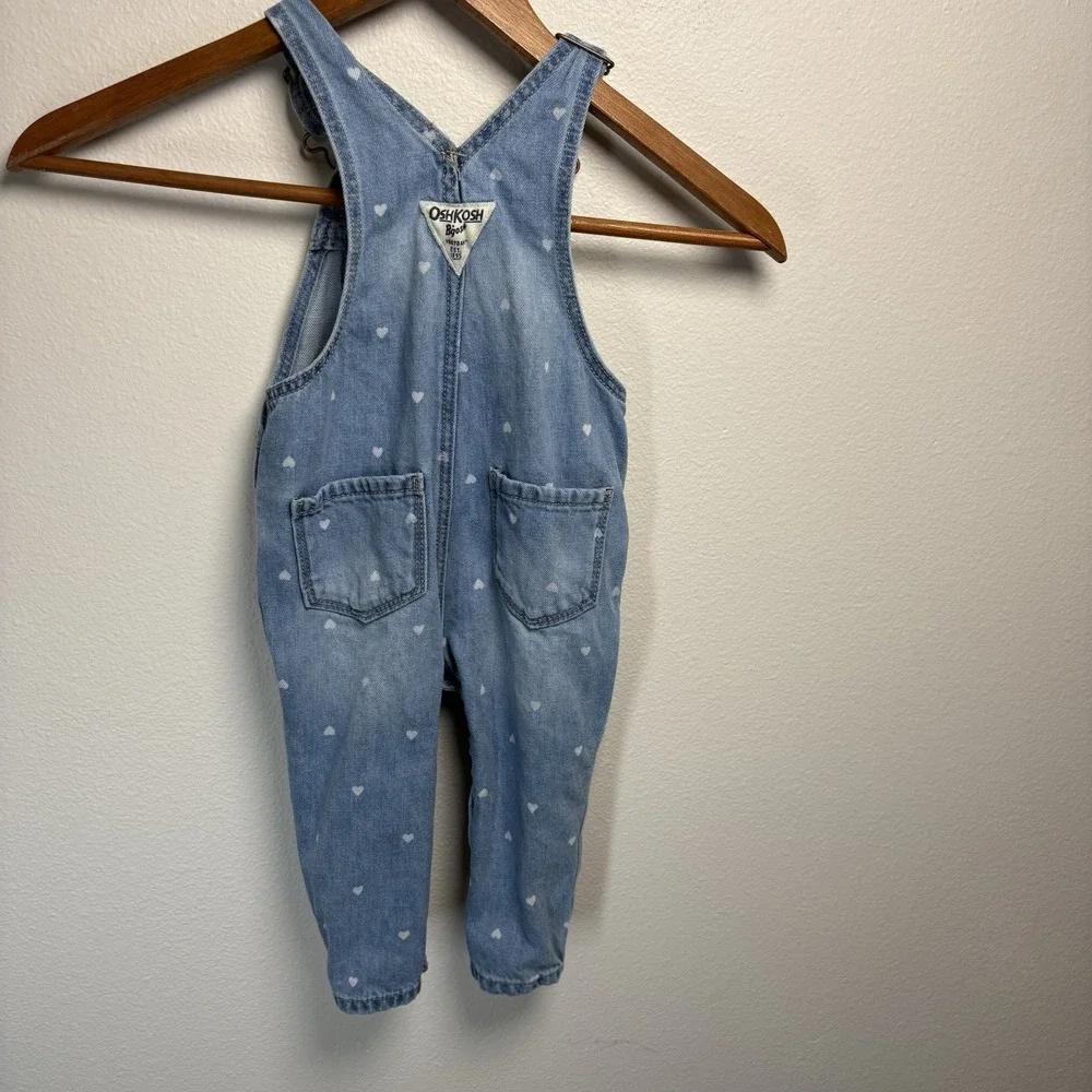 OshKosh B'gosh Baby Girl 12M Blue Denim Overalls Heart Print 100% Cotton